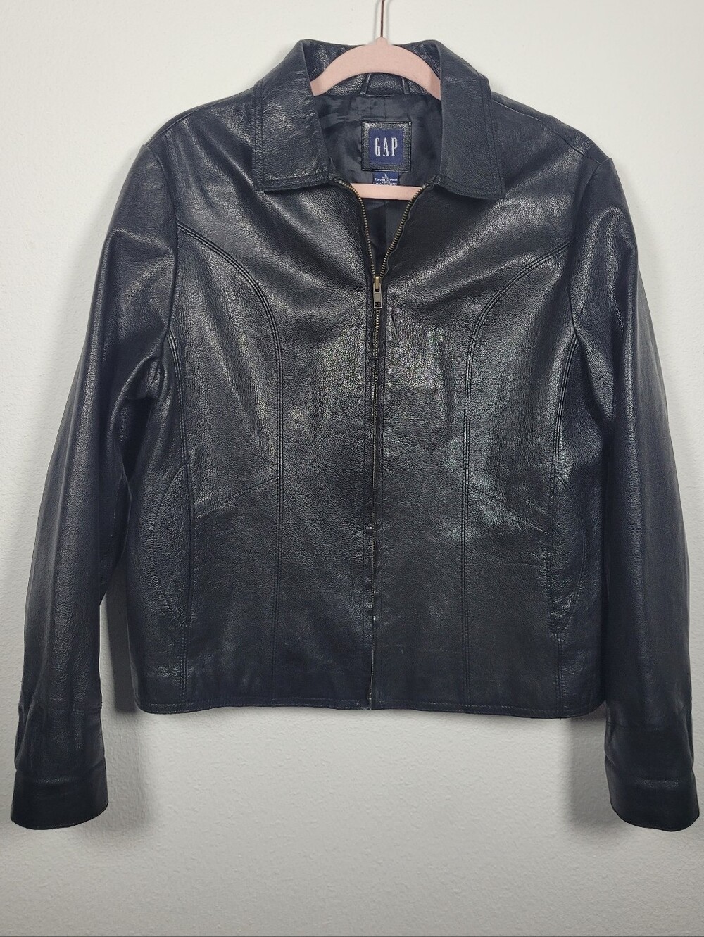 Vintage GAP Genuine Leather Zip Up Moto Jacket Black Large Y2K 90s Biker Capsule